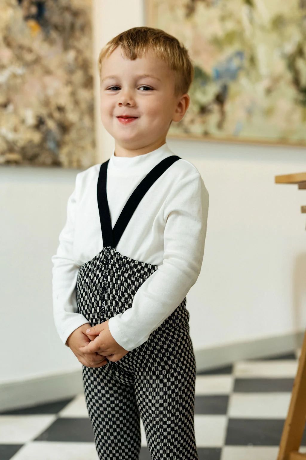 Silly Silas „Footed Black x White Checked“ pėdkelnės-kojinės su petnešėlėmis