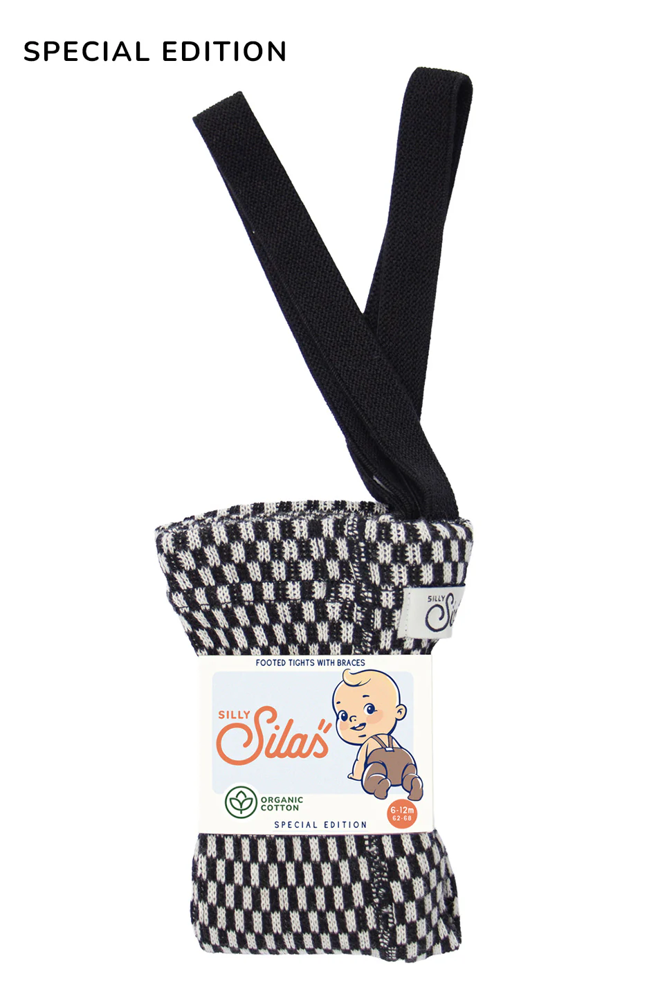 Silly Silas „Footed Black x White Checked“ pėdkelnės-kojinės su petnešėlėmis - Image 2